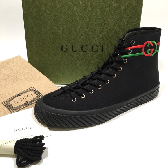 GUCCI INTERLOCKING G HIGH TOP SNEAKERS -BLACK CANVAS -MEN’S US 13.5 -NEW - Picture 2 of 10